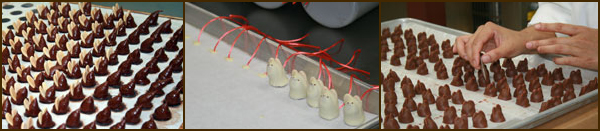 Beth Elain's hand-piped mice getting ears. Putting the tails on some white mice. One of Burdick's chocolatiers putting faces on some mice.